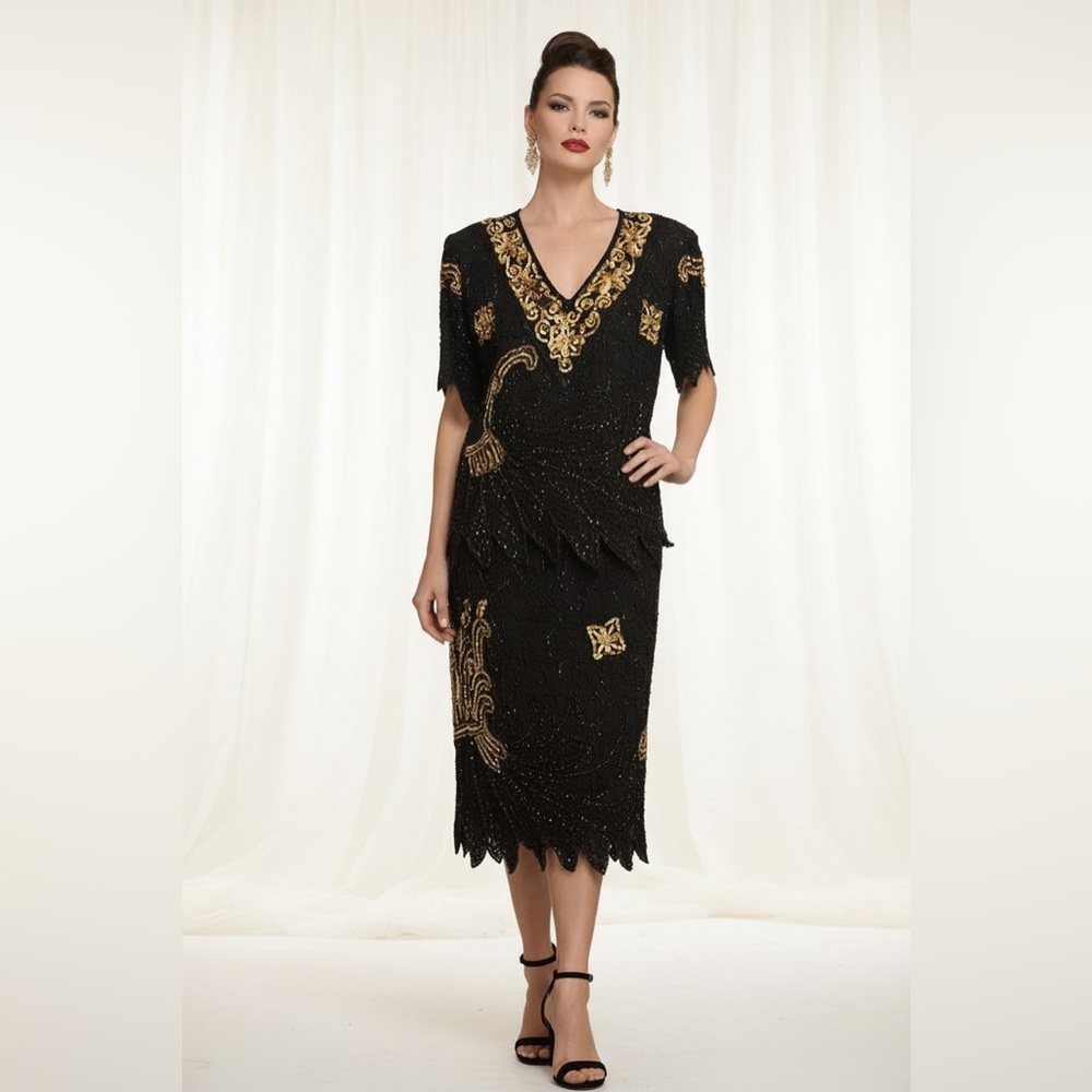 Vintage Lawrence Kazar Black Gold Fully Beaded‎ Silk 2-Piece Evening Set
